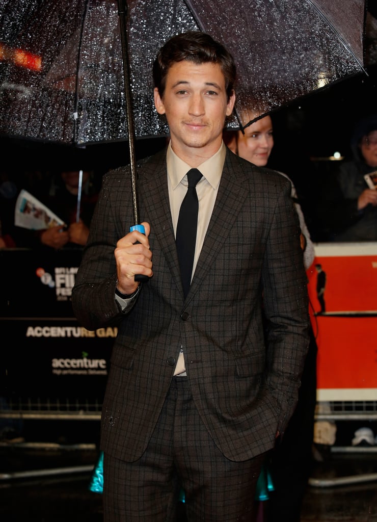 Miles Teller's signature smirk was on display despite rainy weather at the London Film Festival premiere of Whiplash on Wednesday.