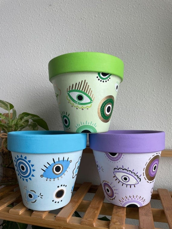 MJ Art Studio Shop Evil Eye Hand Painted Plant Pot