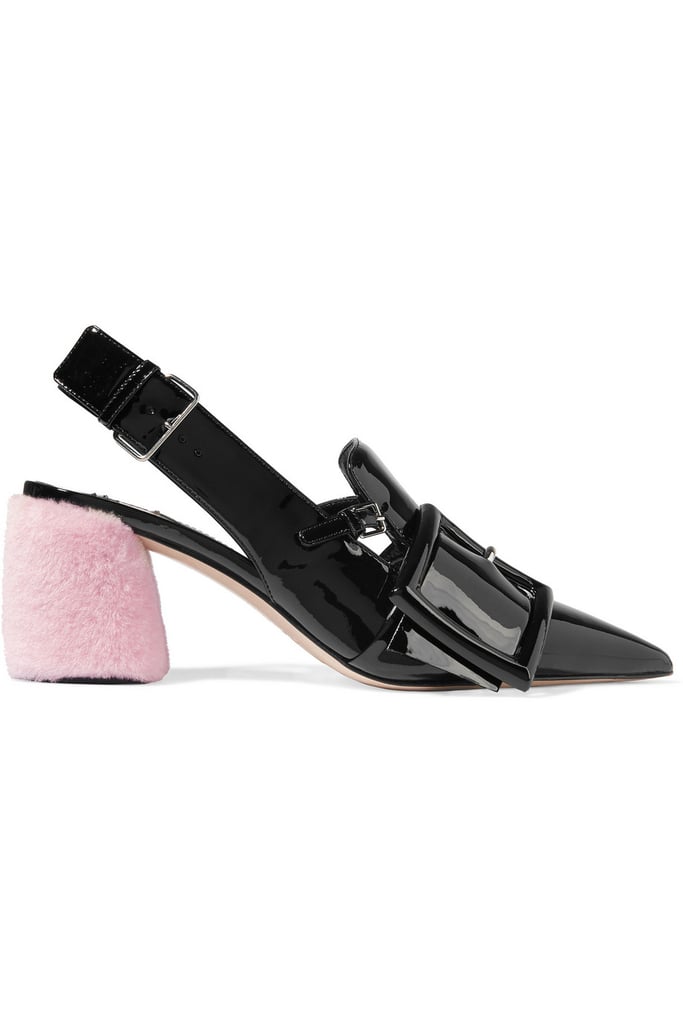 Miu Miu Shearling-Trimmed Patent-Leather Slingback Pumps ($890)