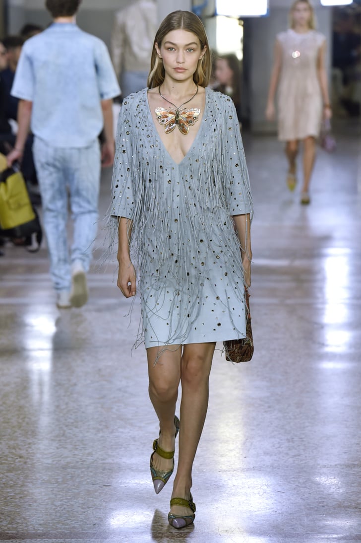 Gigi Wore a Feather Embellished Dress on the Bottega Veneta Runway ...