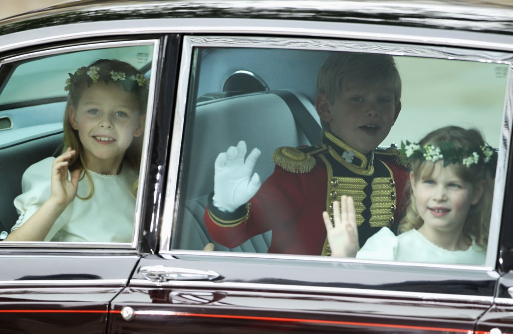 Bridesmaid Margarita Armstrong-Jones, pageboy Tom Pettifer, and bridesmaid Lady Louise Windsor waved as they arrived at Westminster Abbey.