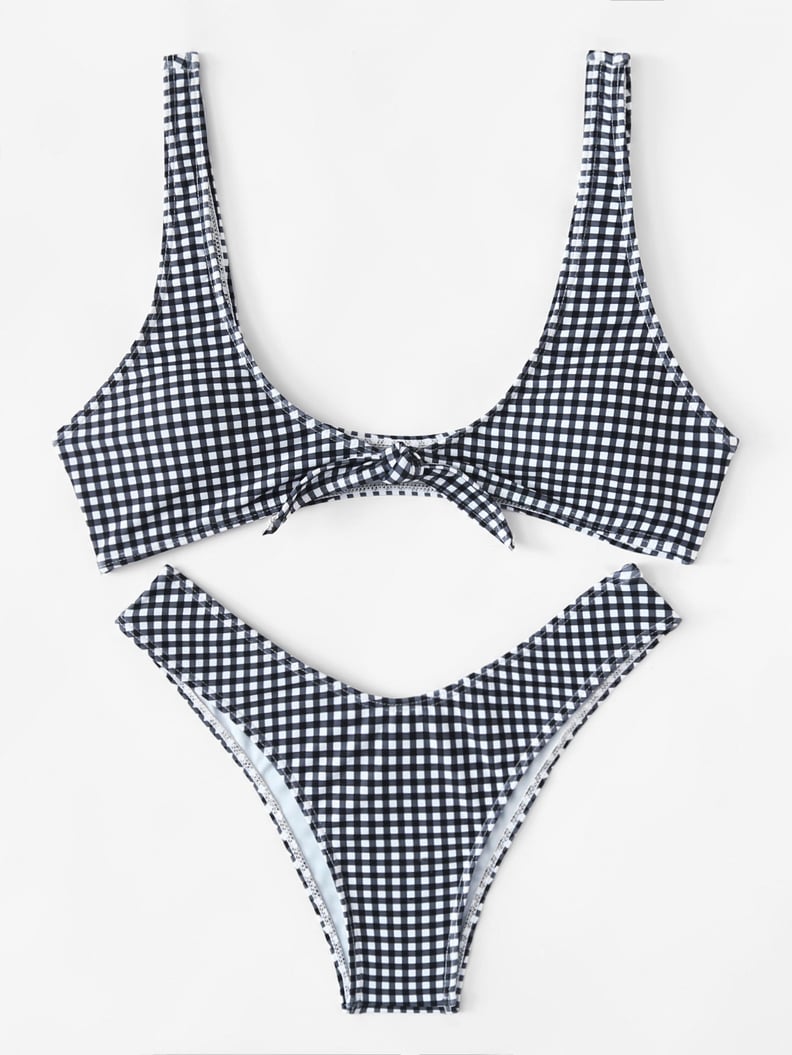 Romwe Knot-Front Gingham Bikini Set