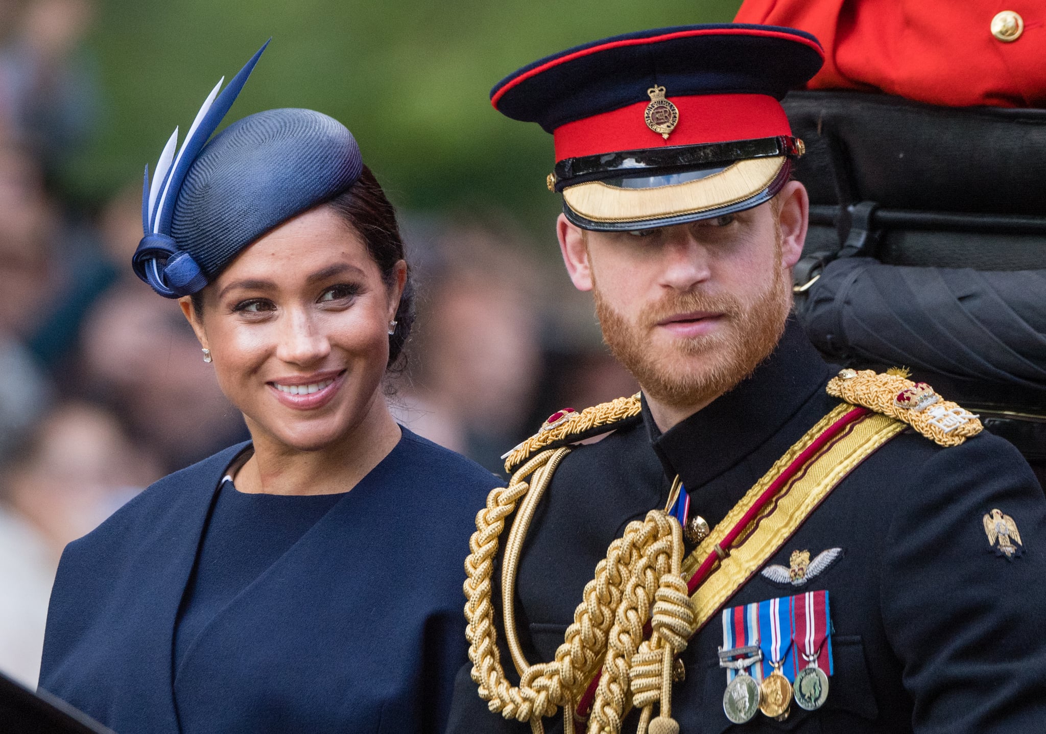 LONDON, ENGLAND - JUNE 08: Prince Harry, Duke of Sussex and Meghan, Duchess of Sussex ride by carriage down the Mall during Trooping The Colour, the Queen's annual birthday parade, on June 08, 2019 in London, England. (Photo by Samir Hussein/Samir Hussein/WireImage)