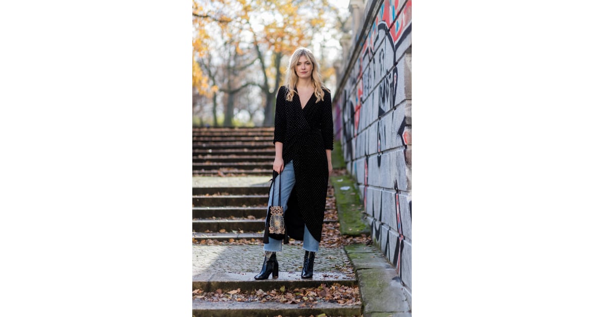 Layer your dark wrap dress over jeans and complete with heeled How to