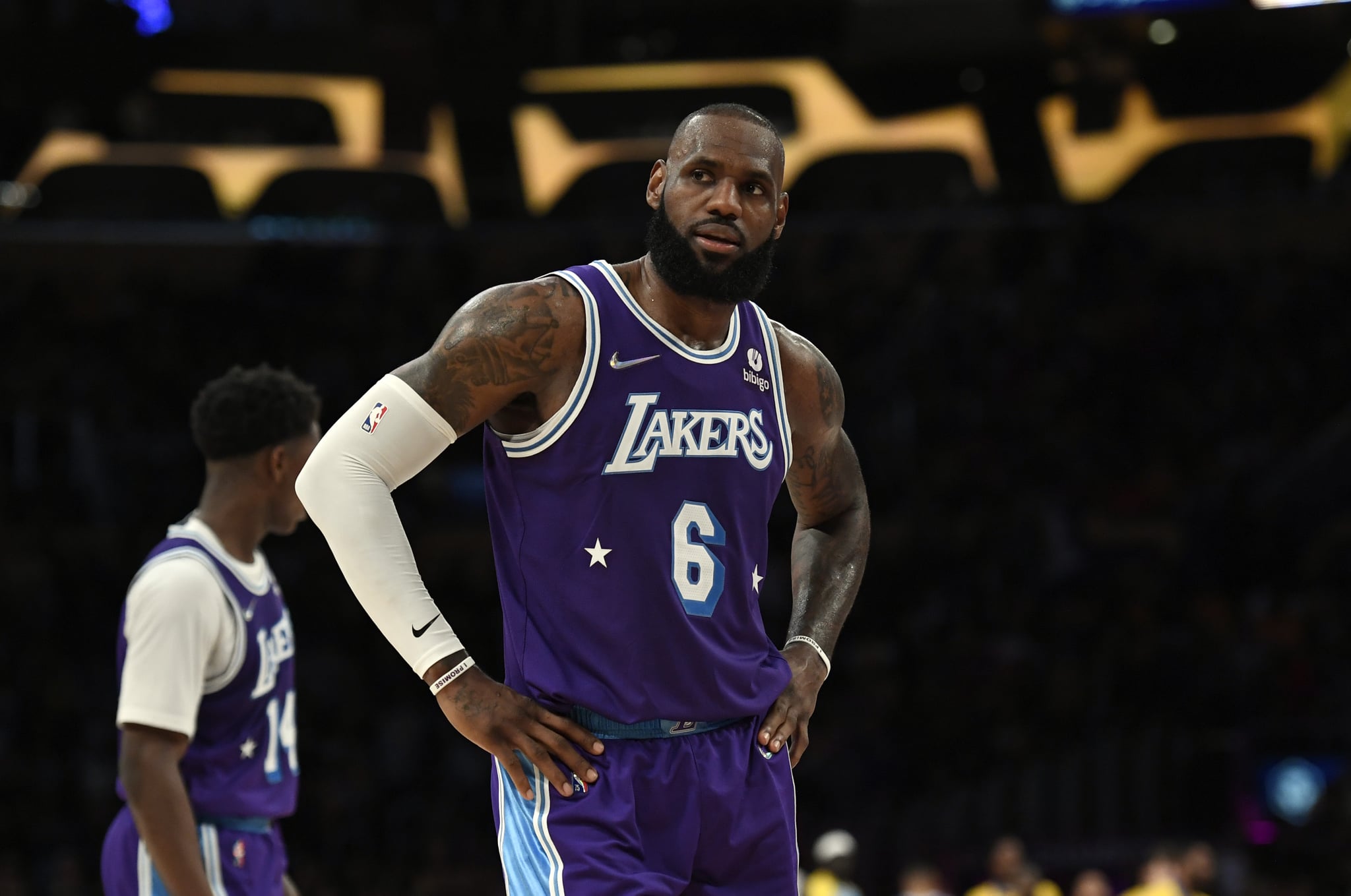 LOS ANGELES, CA - APRIL 01: LeBron James #6 of the Los Angeles Lakers reacts in the closing seconds of the game against the New Orleans Pelicans at Crypto.com Arena on April 1, 2022 in Los Angeles, California. The Pelicans won 114-111. NOTE TO USER: User expressly acknowledges and agrees that, by downloading and/or using this Photograph, user is consenting to the terms and conditions of the Getty Images License Agreement. (Photo by Kevork Djansezian/Getty Images)