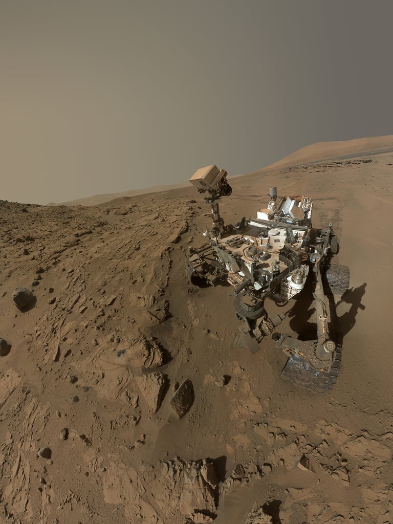 Curiosity takes a "selfie" made up of dozens of high-res images using its rover arm camera to celebrate its one Martian year on the planet.
Source: NASA/JPL-Caltech/MSSS Curiosity takes a "selfie" made up of dozens of high-res images using its rover arm camera to celebrate its one Martian year on the planet.
Source: NASA/JPL-Caltech/MSSS
