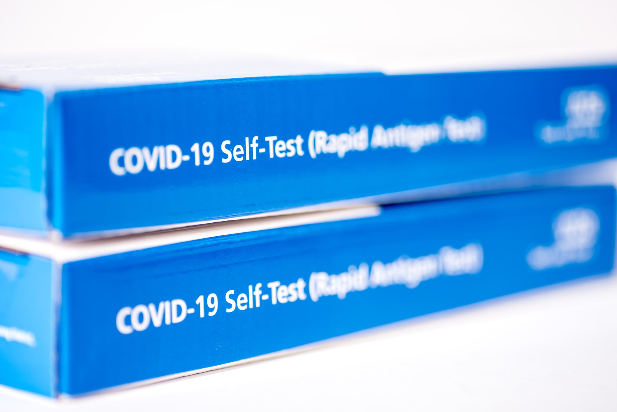 Close up photo of COVID-19 self test (rapid antigen test) box.