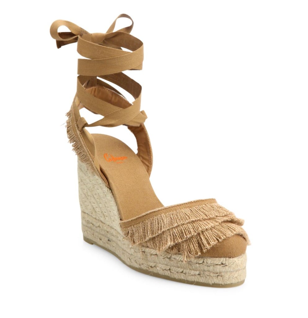 Castañer Cala Feathered Canvas Espadrille Wedge Sandals ($200)