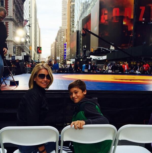 Kelly Ripa and Joaquin Consuelos got a front-row seat at a wrestling match in Times Square.
Source: Twitter user MarkConsuelos