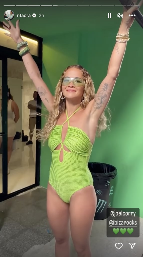 Rita Ora's Self Portrait Rhinestone Swimsuit in Ibiza