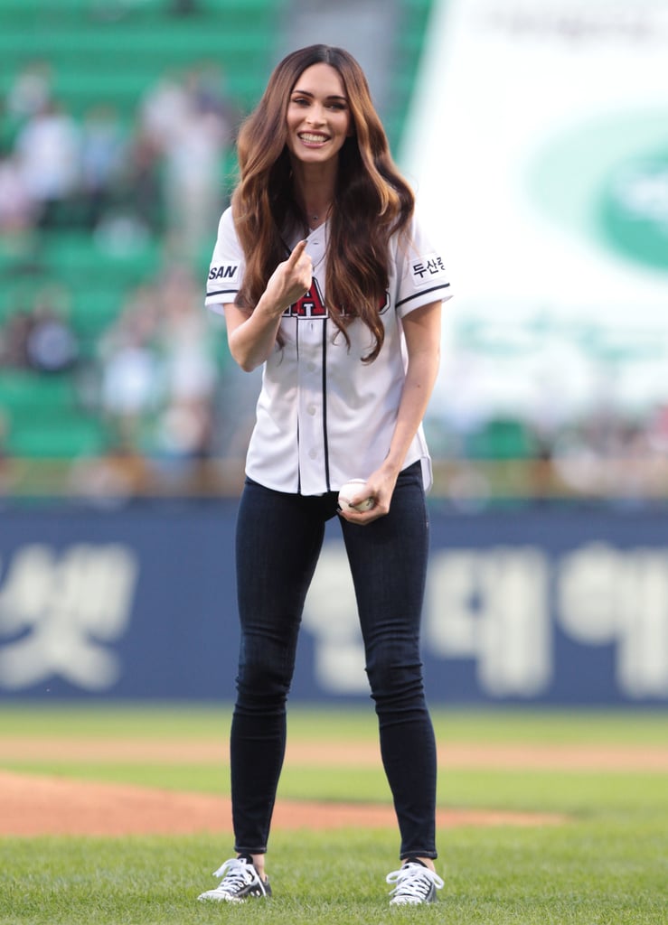 Megan Fox threw out the first pitch at a game in South Korea on Wednesday.