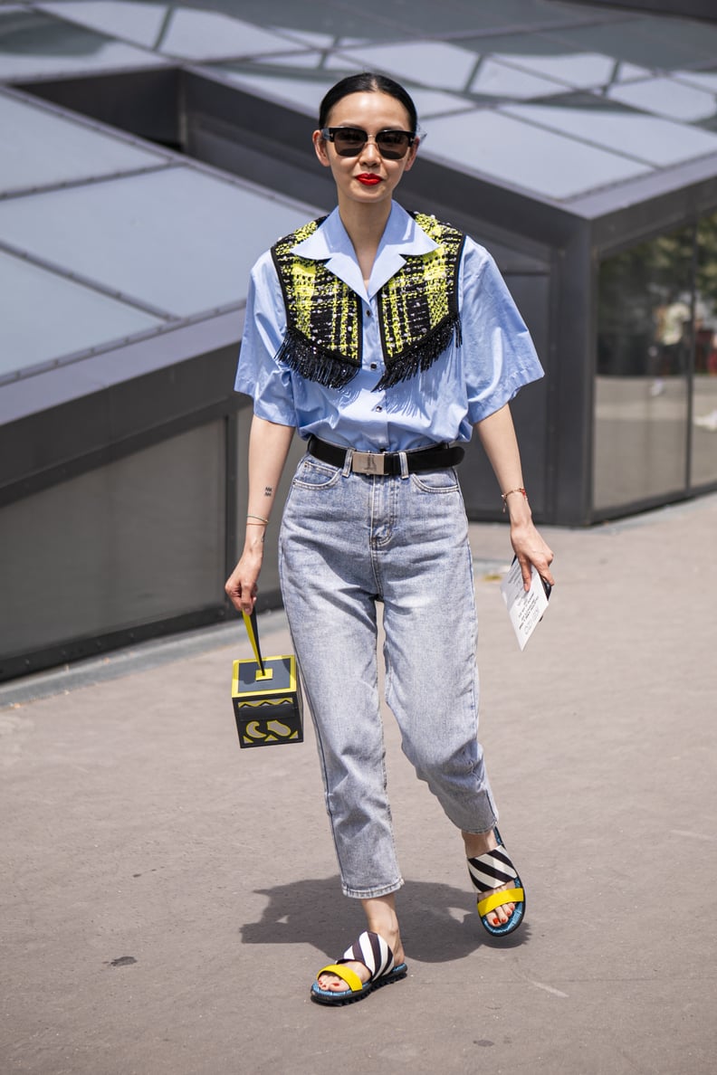 striped tee, high-waisted denim, + espadrille wedges