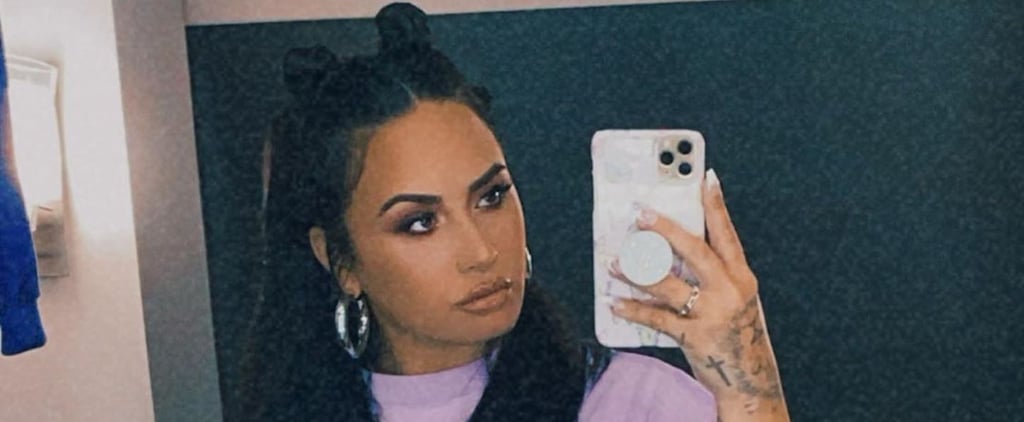 Demi Lovato's Purple Oversize T-Shirt and Acid-Wash Jeans
