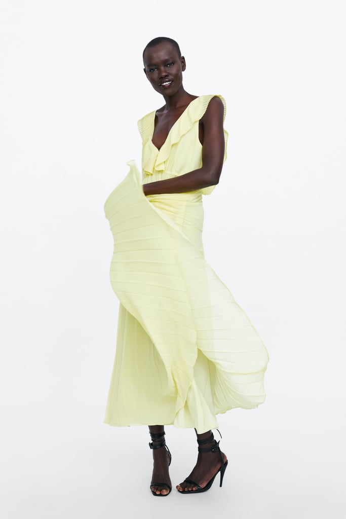 yellow pleated dress zara