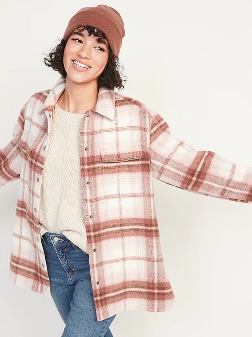 Old Navy Transitional Plaid Utility Shacket in Brown/Pink