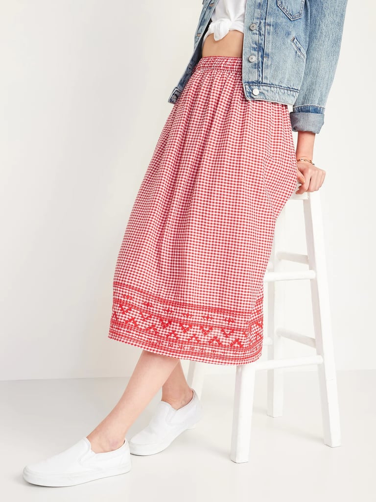 Old Navy Embroidered Gingham Midi Swing Skirt