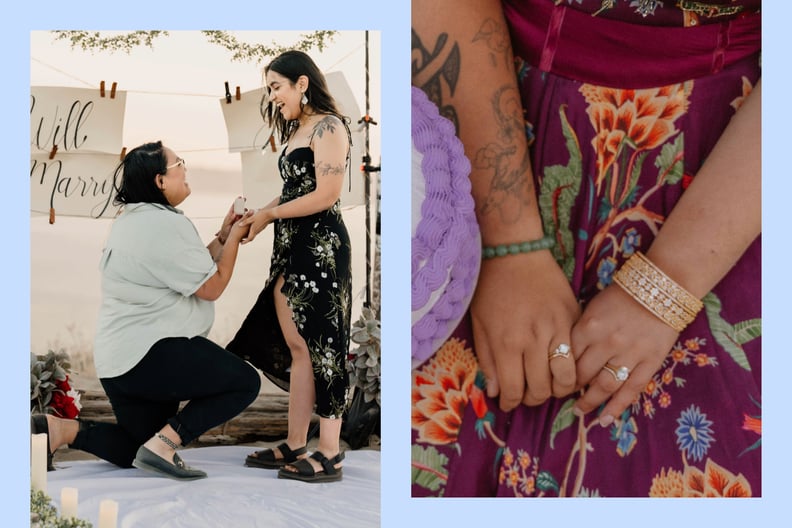 Side-by-side photos show a queer couple getting engaged and a close-up shot of their rings