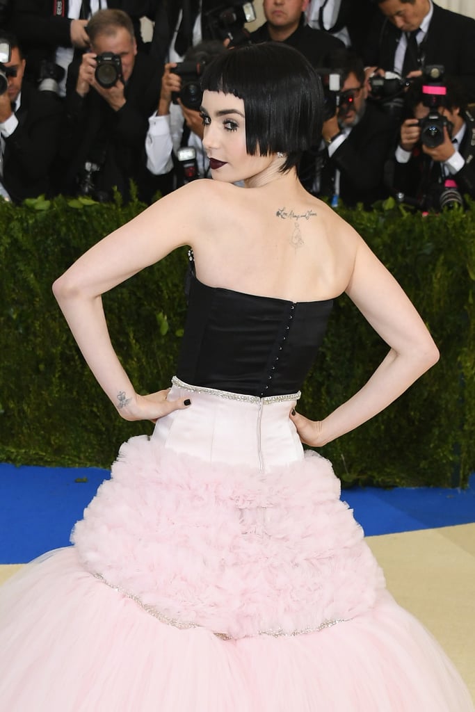 Lily Collins at the 2017 Met Gala | Celebrity Tattoos Red ...