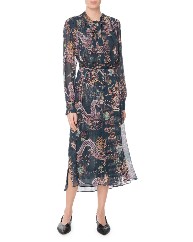 Isabel Marant Long-Sleeve Dragon-Print Metallic-Silk Midi Dress