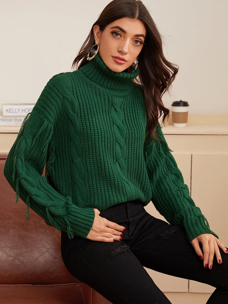 Shein Turtle Neck Cable Knit Fringe Trim Sweater