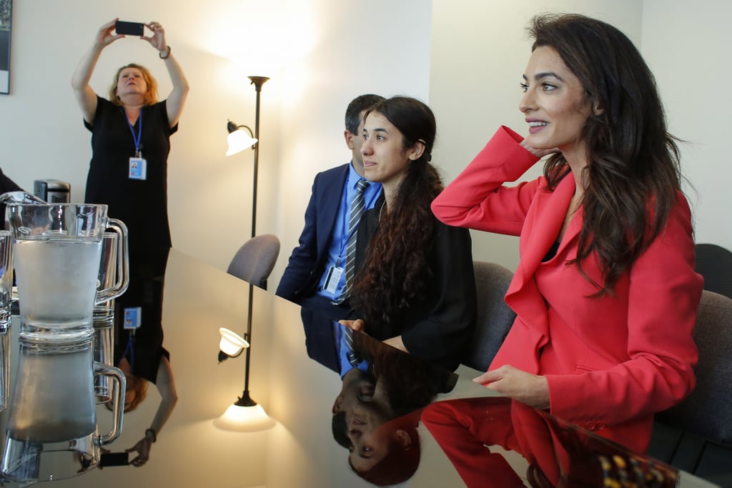 Amal Stood Out at the Meeting in a Bright Red Max Mara Suit