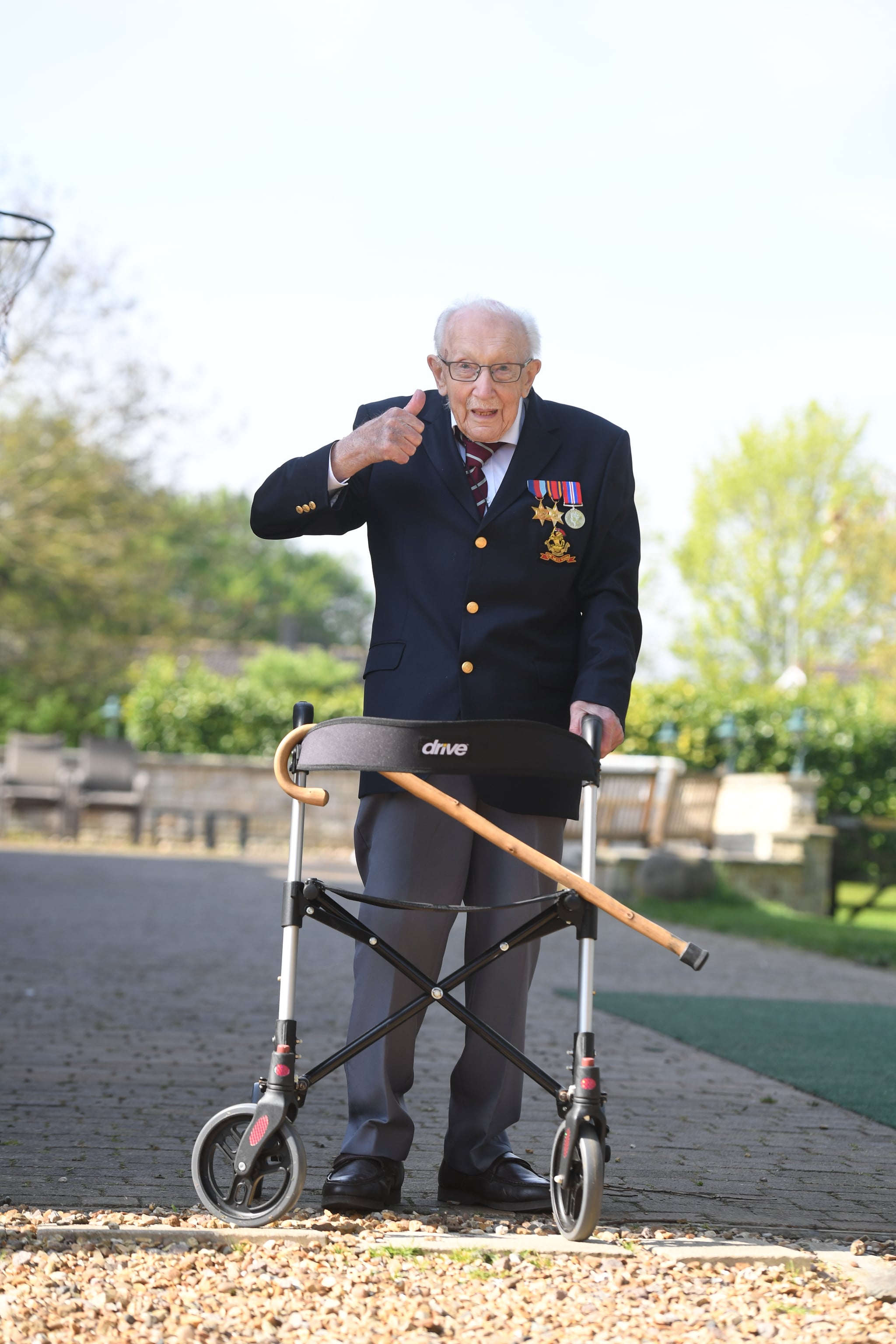 99-year-old war veteran Captain Tom Moore at his home in Marston Moretaine, Bedfordshire, after he achieved his goal of 100 laps of his garden - raising more than 12 million pounds for the NHS. (Photo by Joe Giddens/PA Images via Getty Images)