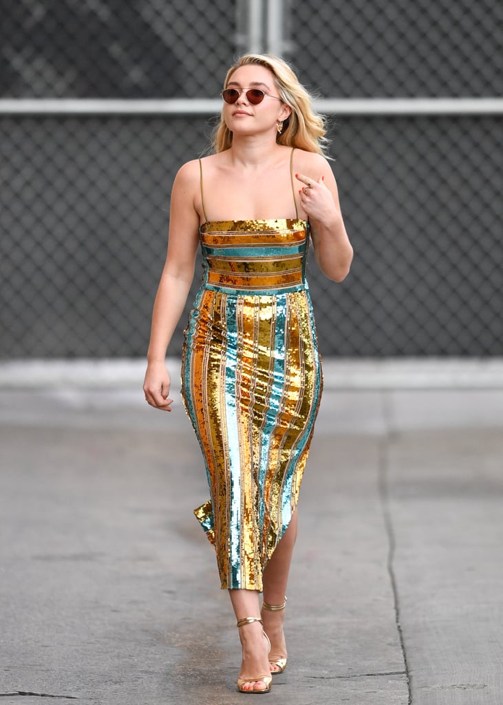 Florence Pugh's Striped Sequin Dress on Jimmy Kimmel Live