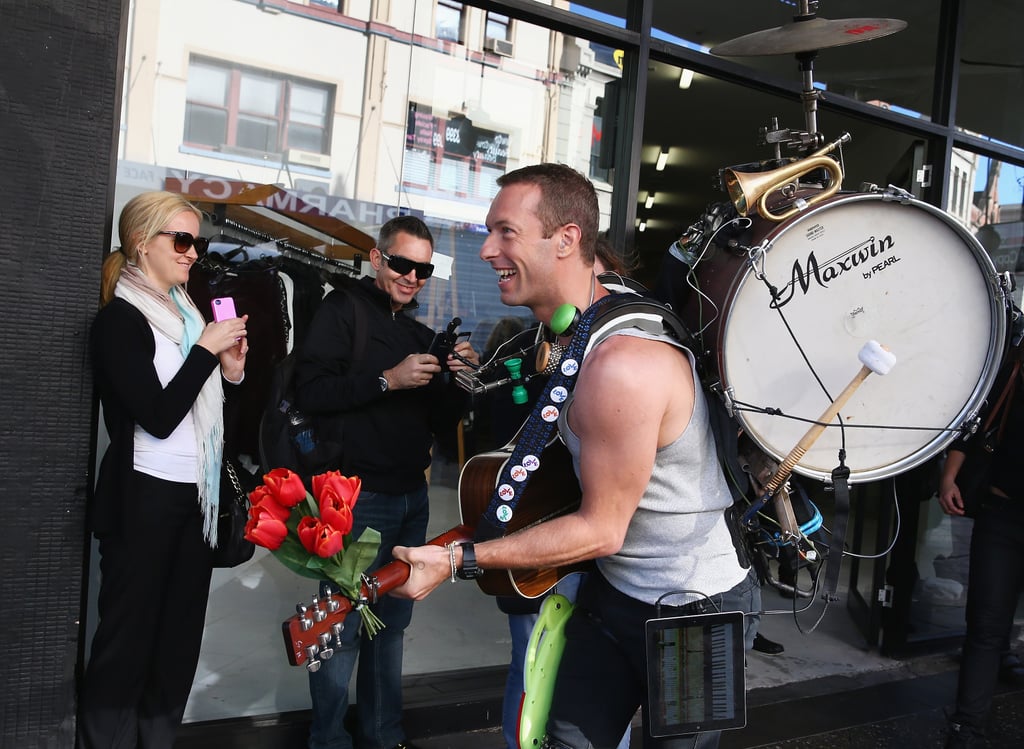 Chris Martin jammed out with a drum on his back while filming a Coldplay music video in Sydney on Tuesday.