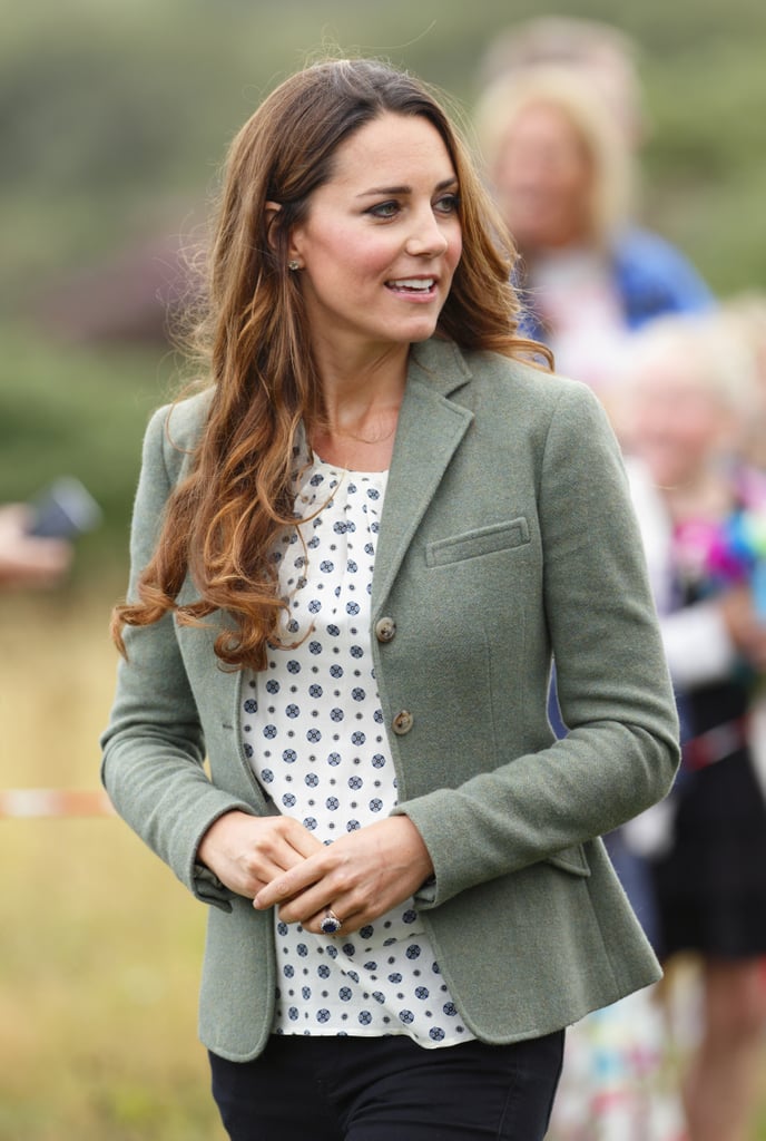 Kate wore a pattered Zara blouse for $59 at an engagement in Wales just after the birth of Prince George — she had previously worn it on a trip to Switzerland.