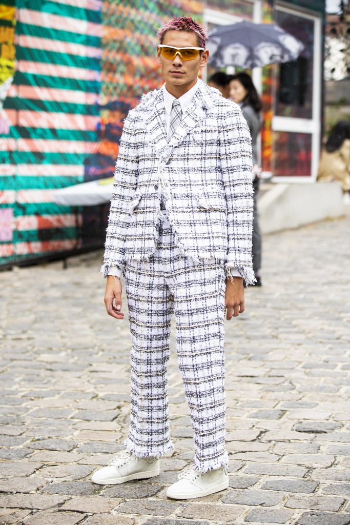 Rocking a checked suit outside the Thom Browne show in 2020.