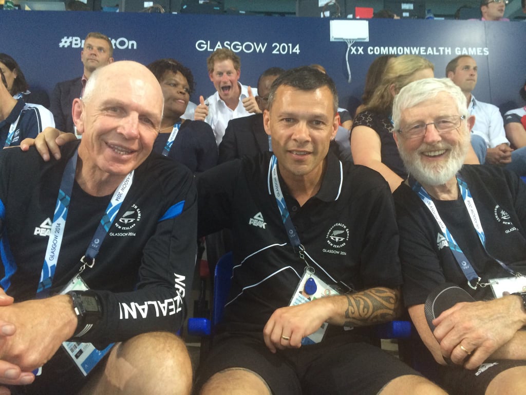 Prince Harry snuck up on boxer Trevor Shailer (center), rugby star Gordon Tietjens, and a friend when they tried to take a snap of themselves at the Commonwealth Games.
Source: Facebook user Trevor Shailer