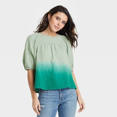 Universal Thread Women's Dip-Dye Puff Short Sleeve Gauze Blouse