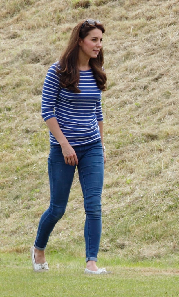 Kate chose to highlight the true blue shade of her denim with a boat-neck top and Sebago shoes.