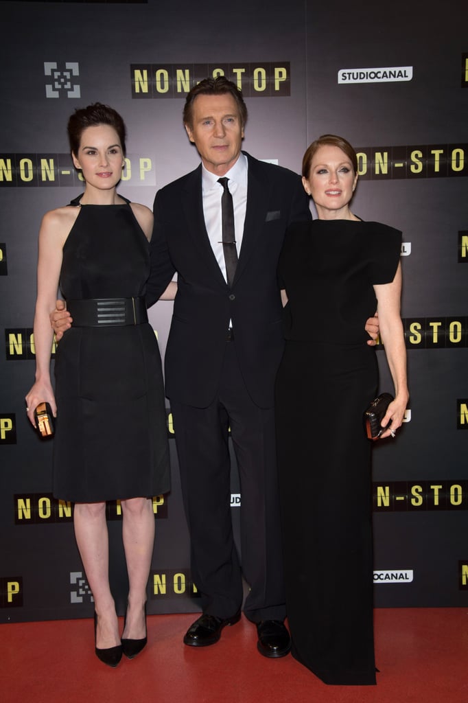 Michelle Dockery, Julianne Moore, and Liam Neeson premiered Non-Stop in Paris on Monday.