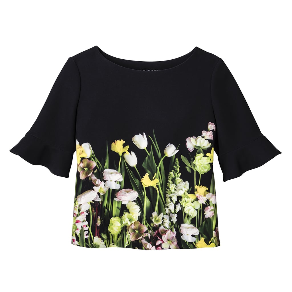 Black Satin Photo Floral Top with Ruffle Sleeve ($28)