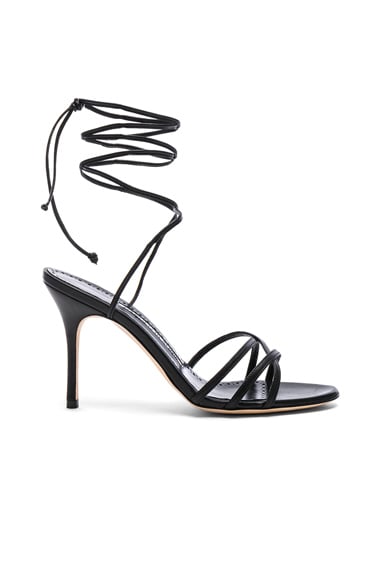 Manolo Blahnik Leather Leva 90 Sandals in Black Nappa