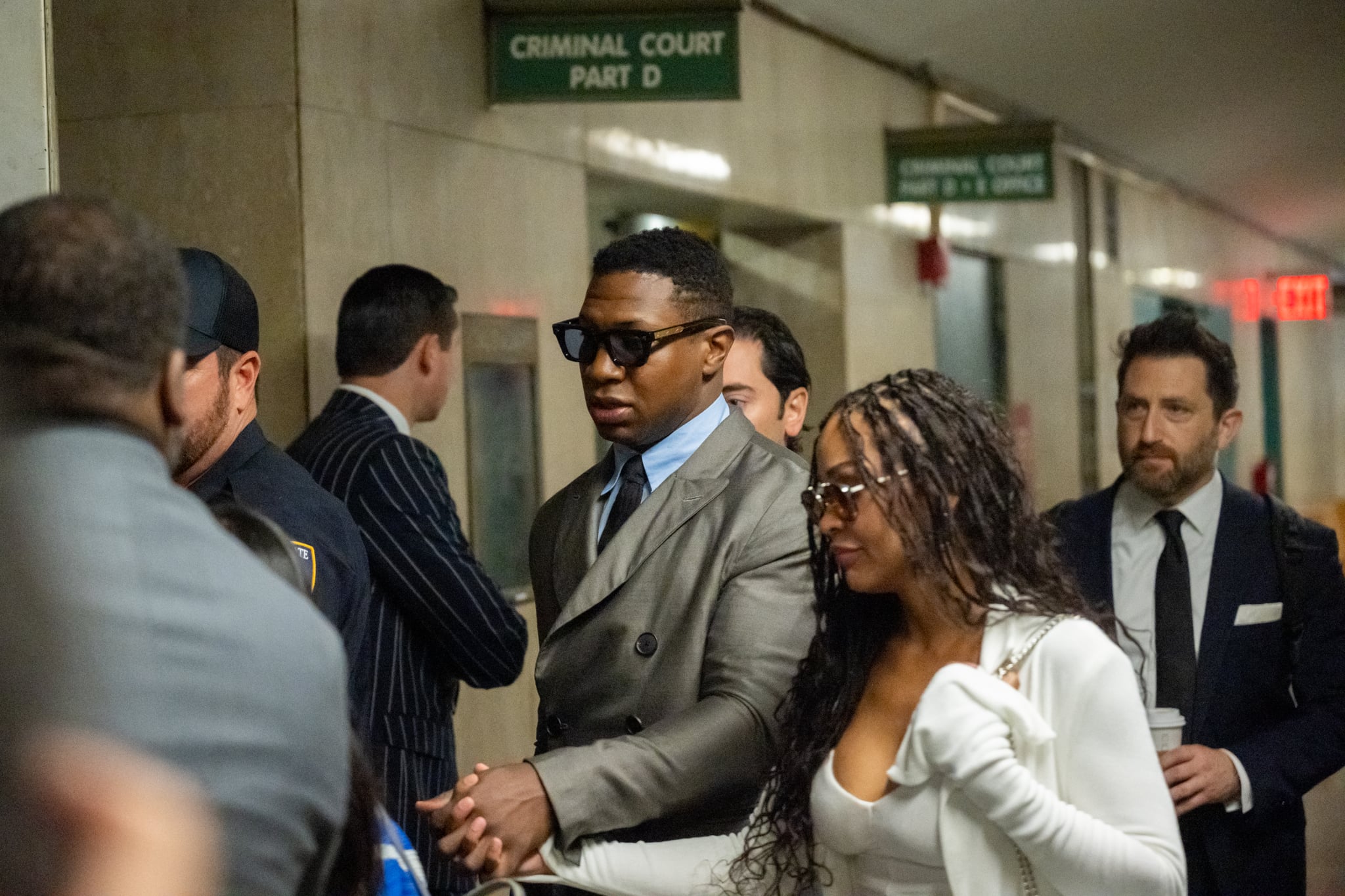 NEW YORK, NEW YORK - AUGUST 03: Actor Jonathan Majors, and his girlfriend, Meagan Good, arrive to Manhattan Criminal Court for his pre-trial hearing on August 03, 2023 in New York City. If convicted, Majors could face up to a year in jail over misdemeanor charges of assault and harassment. (Photo by Alexi Rosenfeld/Getty Images)