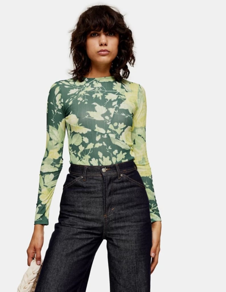 Topshop Floral Print Mesh Top in Green