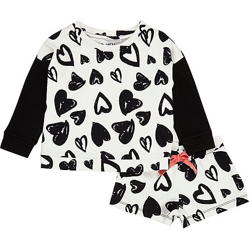 Girls White Heart Print Pajama Set