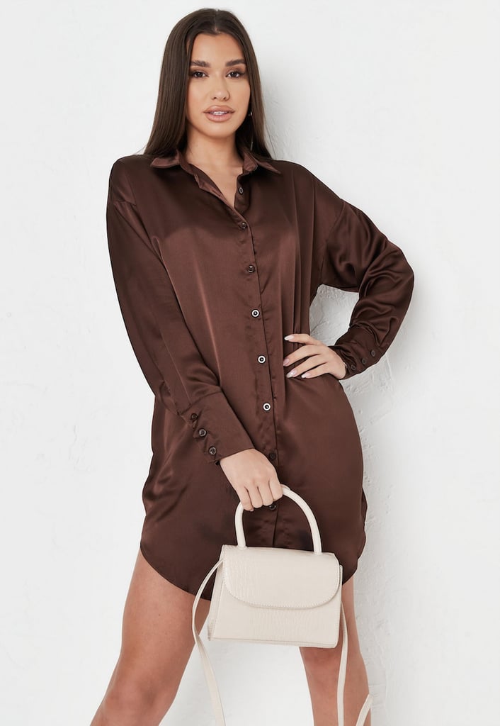 Missguided Chocolate Satin Oversized Shirt Dress