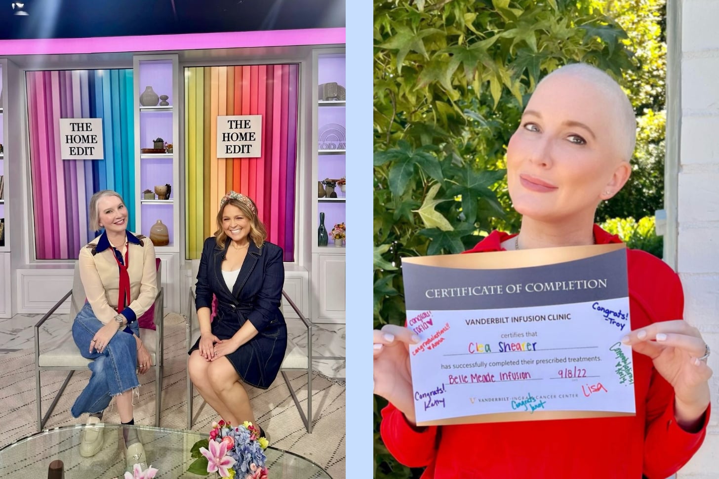 "The Home Edit" star Clea Shearer posing with co-host Joanna Teplin and infusion clinic completion sign.