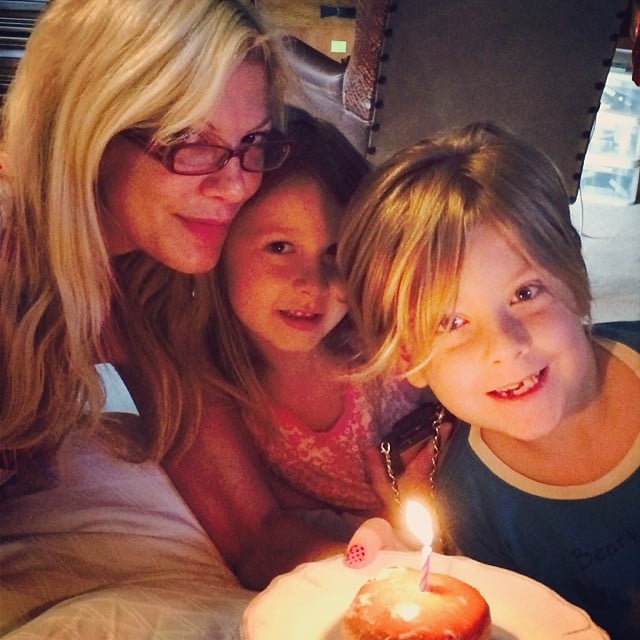 Tori Spelling celebrated her birthday with her two eldest kids, Liam and Stella McDermott, and a doughnut.
Source: Instagram user torianddean