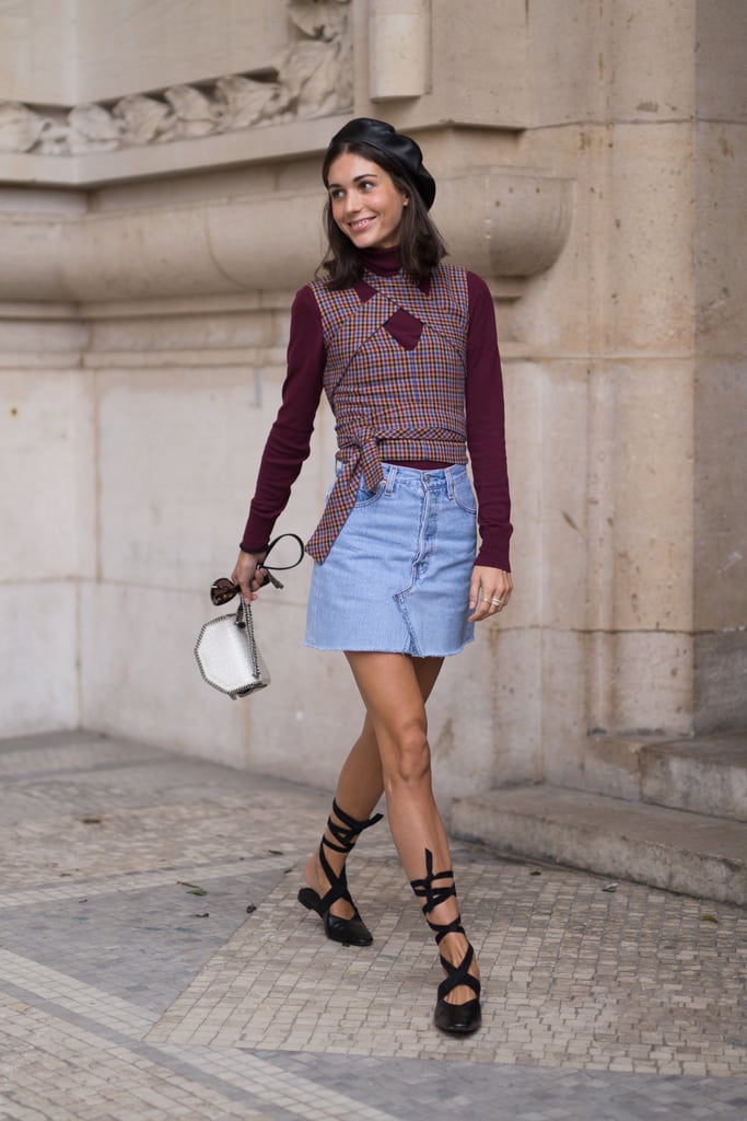 Freshen up a smart top and casual denim skirt combo.