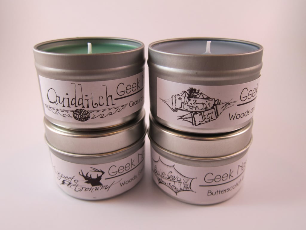 Harry Potter candle set ($28) with Quidditch (fresh, green grass), Hagrid's Hut (woods and musk), Expecto Patronum (woodsy earth and clove), and Butterbeer (butterscotch and vanilla)