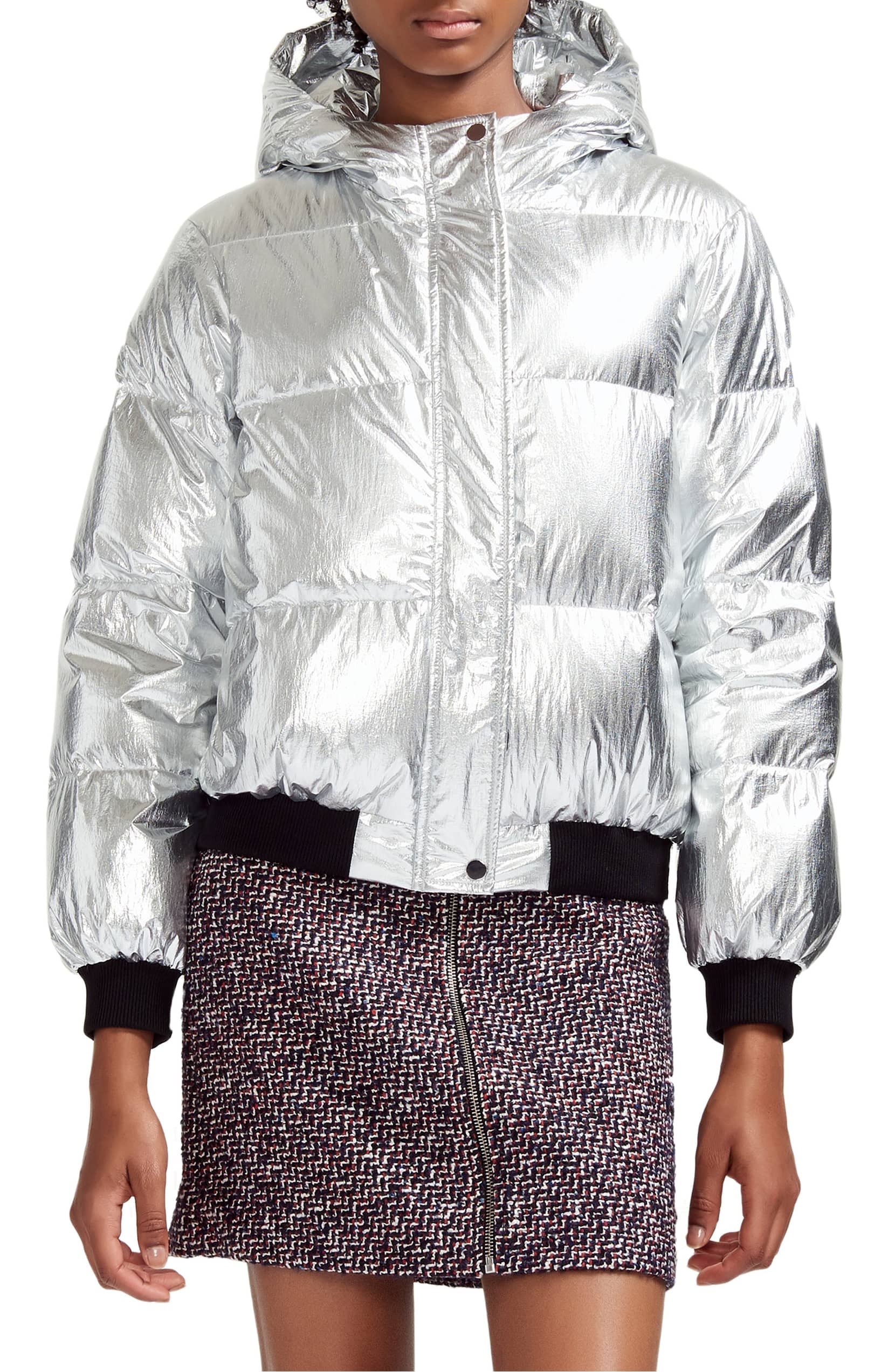 maje Hooded Metallic Puffer Jacket 