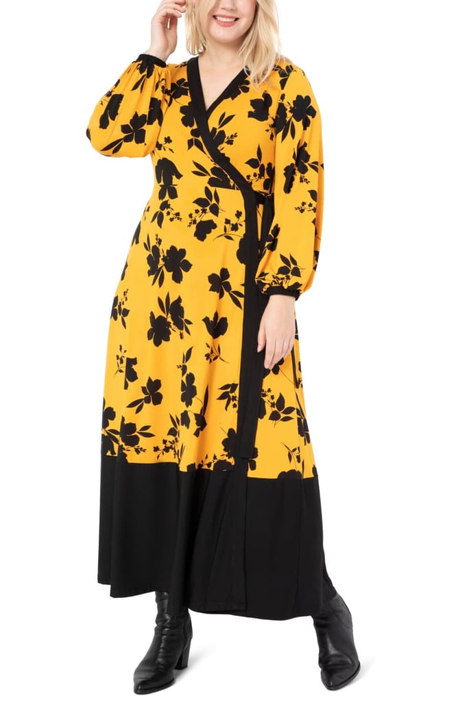 ELOQUII Floral Colorblock Long-Sleeve Maxi Wrap Dress