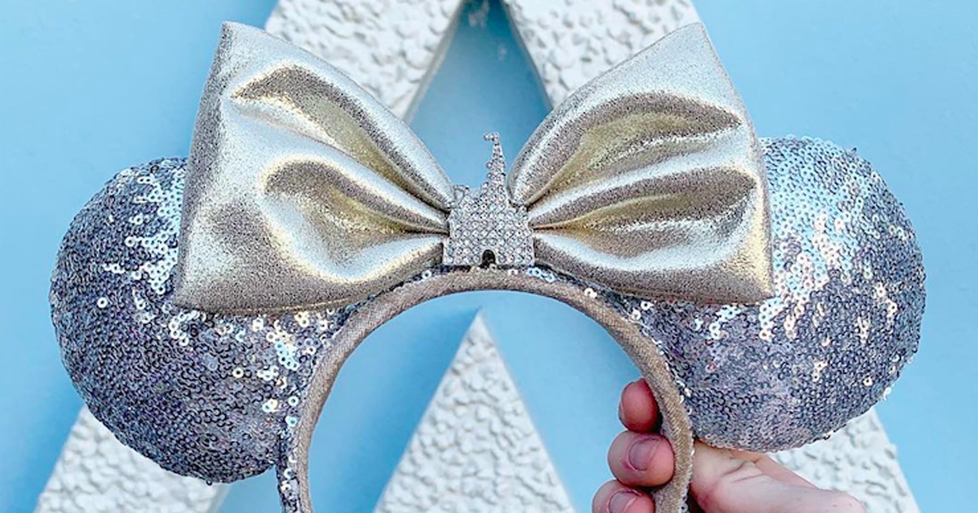 NWOT Disney Parks Castle Jewel Minnie Mouse ear headband silver sequins gold bow Minnie Ears Disney Parks Castle Jewel Silver | Mercari main image 2