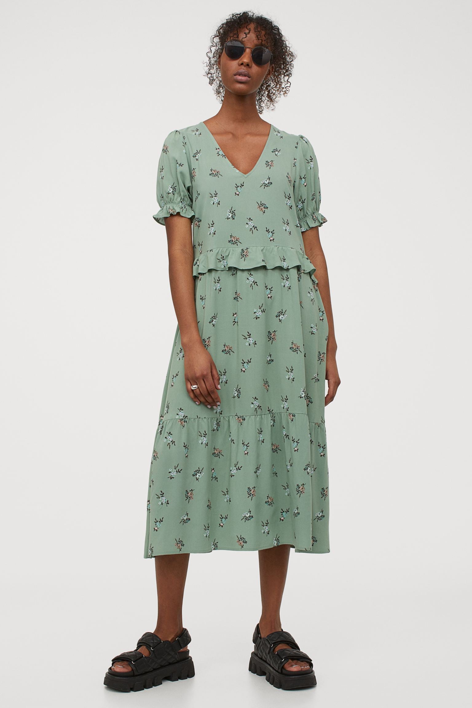H&m green floral dress sales