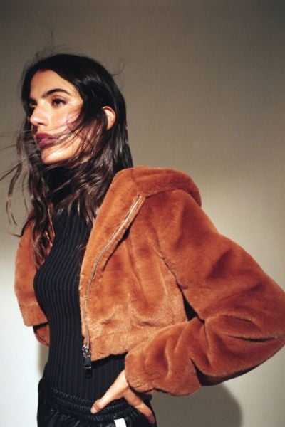 cropped faux fur hooded jacket