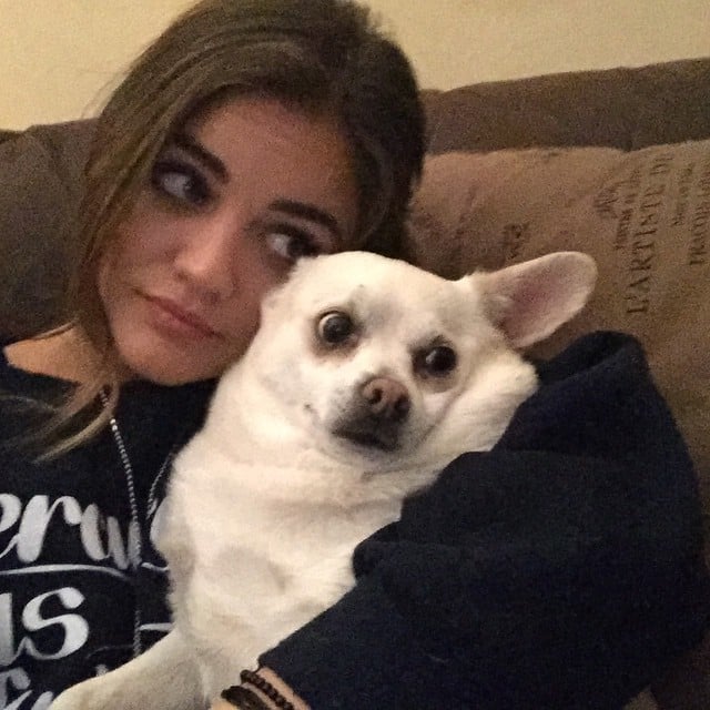 Lucy Hale cuddled with a dog. 
Source: Instagram user lucyhale